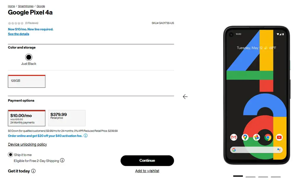Google Pixel 4a for $240 Deal Verizon Wireless