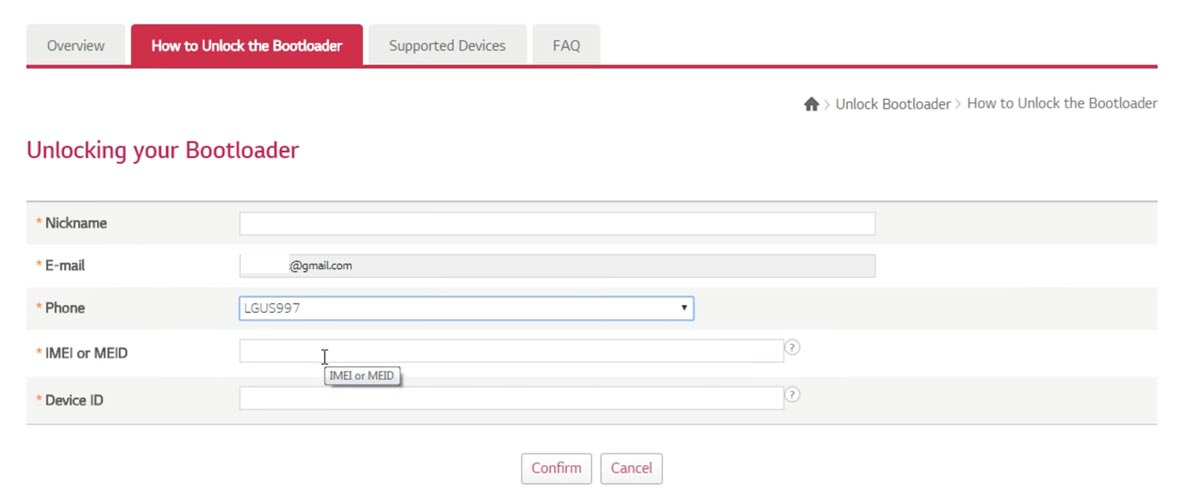 LG Unlock Bootloader Fill Details in the form