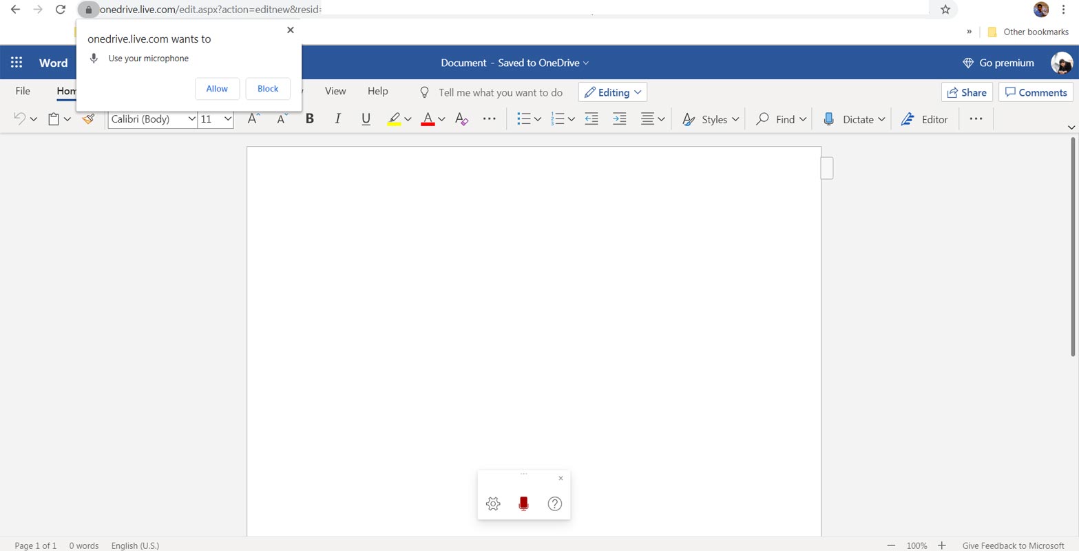 Microsoft Word Web App Dictate