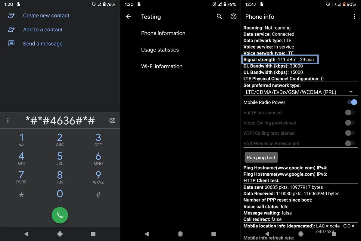 Mobile Signal Strength find using Dialpad