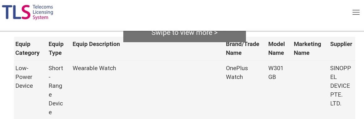 OnePlus Watch Listing in Telecom License