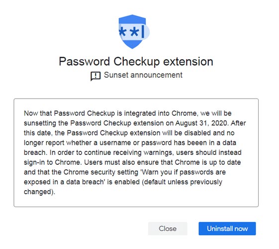 Password Checkup extension Shut down Message Chrome