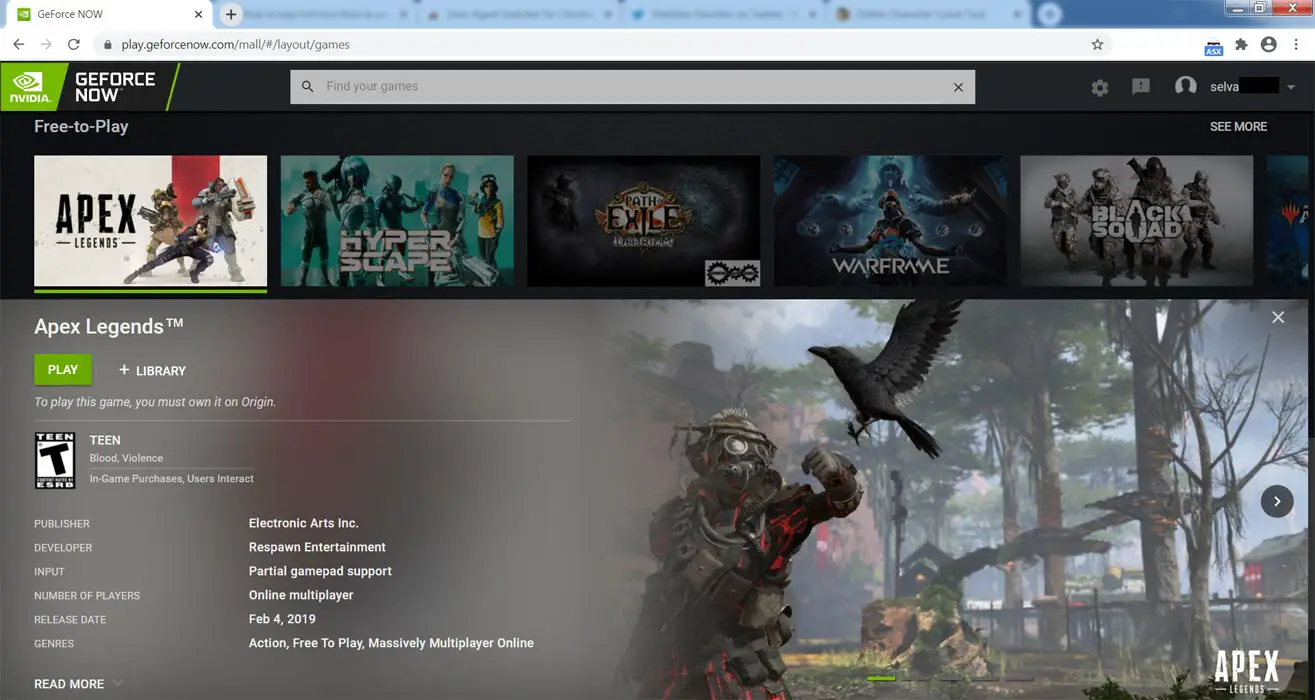Playing Apex Legend GeForce Now game in Browser