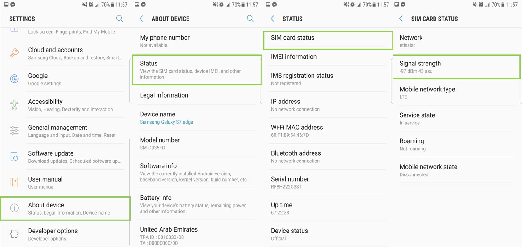 Samsung Galaxy Mobile Network signal strength