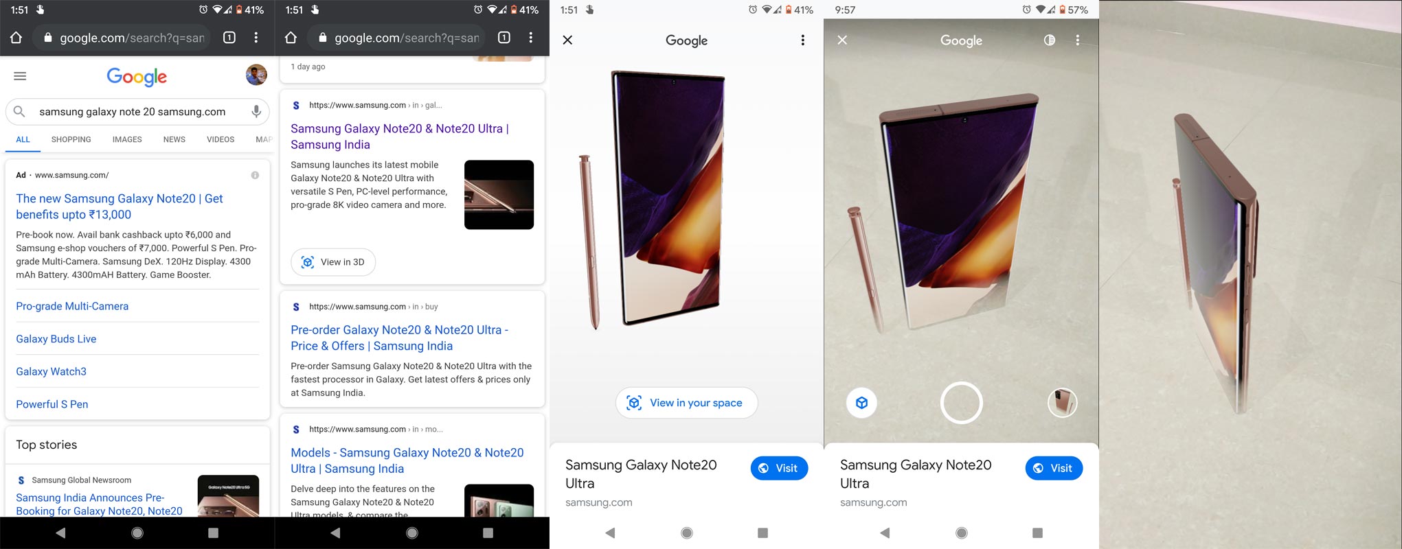 Samsung Galaxy Note 20 AR 3D view in Google Search query