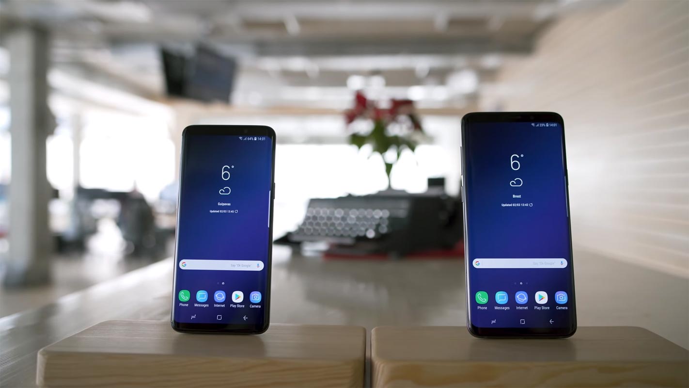 Samsung Galaxy S9 Plus with S9 on the wooden table