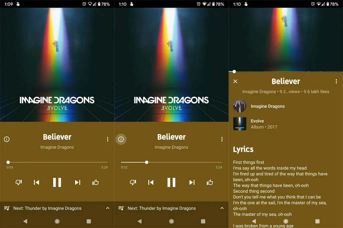 YouTube Music Lyrics Android App Interface