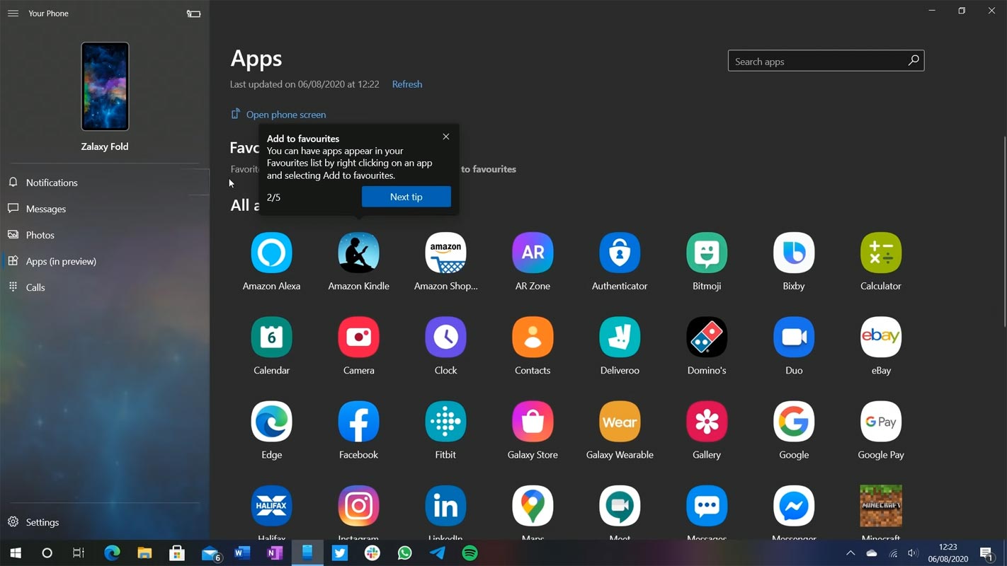 Access Samsung Galaxy Apps in PC using Microsoft Your Phone app