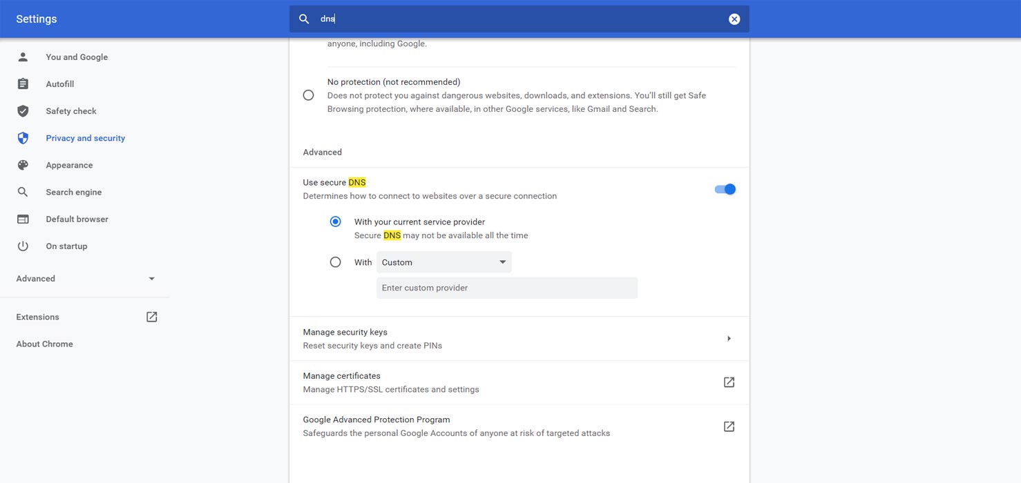 Google Chrome Desktop DNS Settings