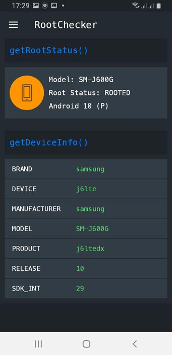 Samsung Galaxy J6 Android 10 Root Status
