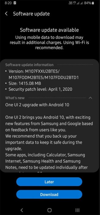 Samsung Galaxy M10s Android 10 OTA Update