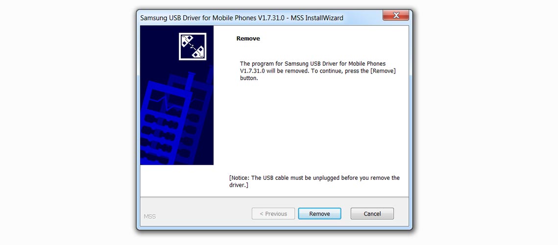 Samsung USB driver Removal Dialogue
