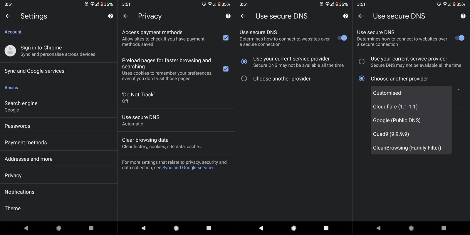 Use Secure DNS Google Chrome 85 Android