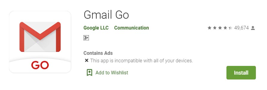 Gmail Go Not compatible Details
