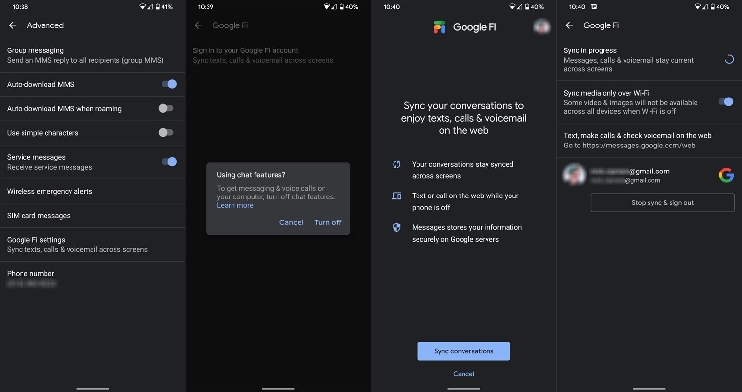 Google Fi Messages Sync with Account