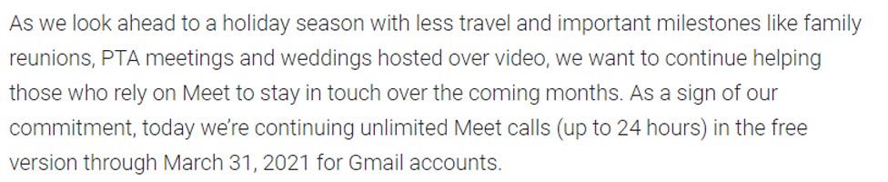 Google Meet Unlimited Calls Upto 2021 Offical News