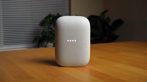 Google Nest Audio on the Wooden Table