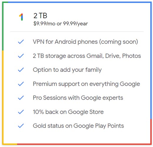 Google One 2 TB Plan Features