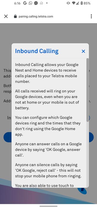 In Bound Calls Google Assistant Telstra