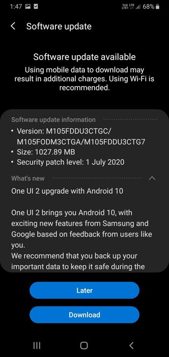 Samsung Galaxy M10 Android 10 OTA Details