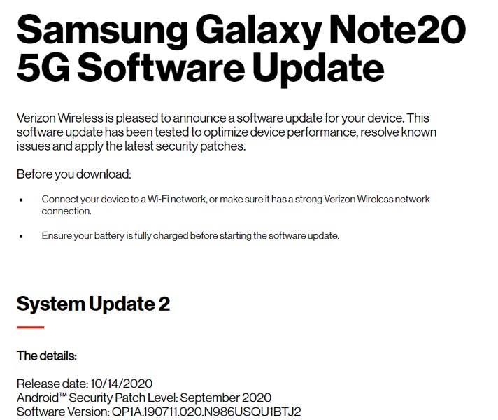 Verizon 5G Software Update Samsung Note 20
