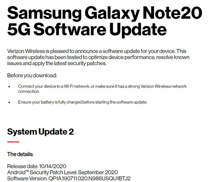 Verizon 5G Software Update Samsung Note 20