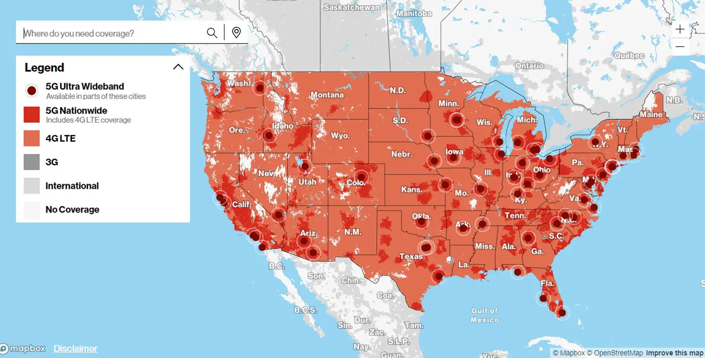 Verizon Nationwide 5G coverage Area