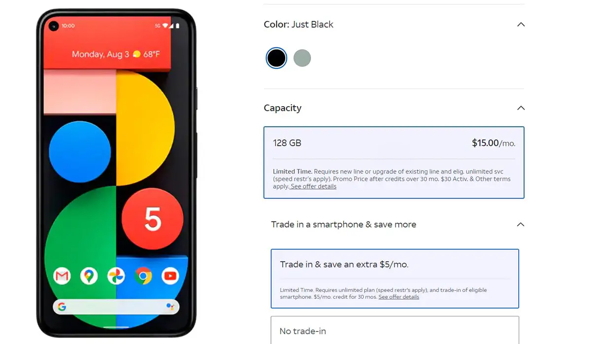 AT&T Google Pixel 5 available for $10/month with eligible trade-in