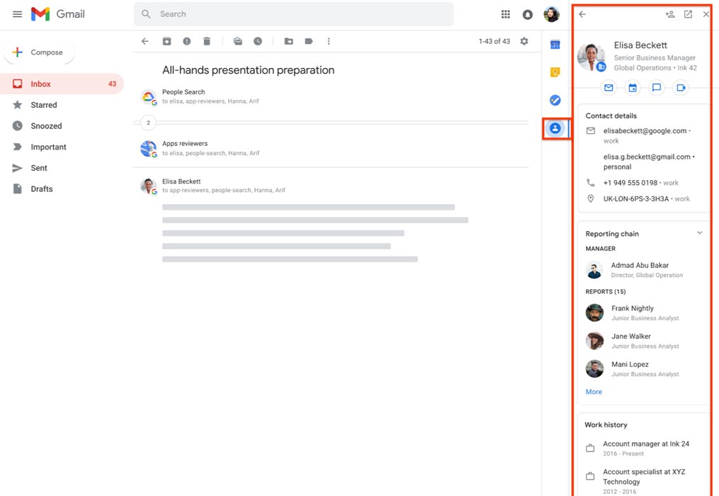 Google Contacts in Gmail Workspace Sidebar