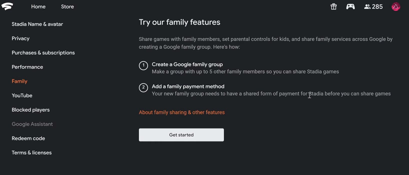 Google Stadia Family Sharing Option in Web
