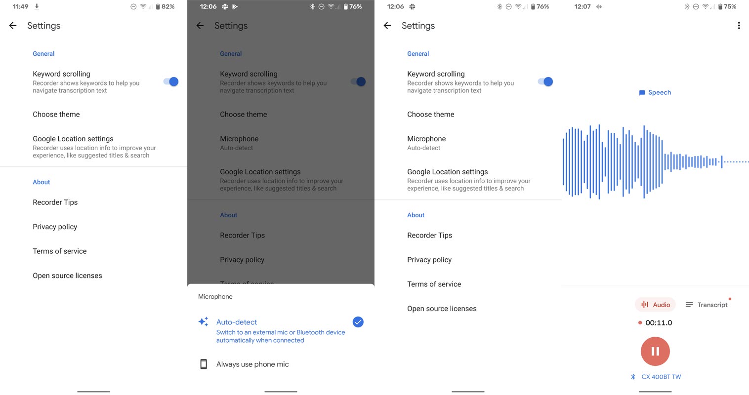 Google Recorder Auto Detect External Mic and Bluetooth Headset