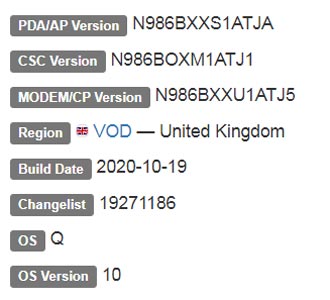 Samsung Galaxy Note 20 Ultra 5G Android 10 Firmware Details