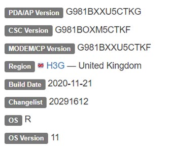 Samsung Galaxy S20 LTE Android 11 Firmware Details