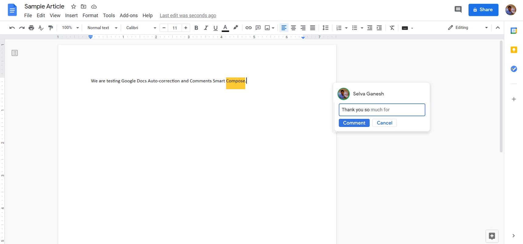 Google Docs Comments Section Smart Compose