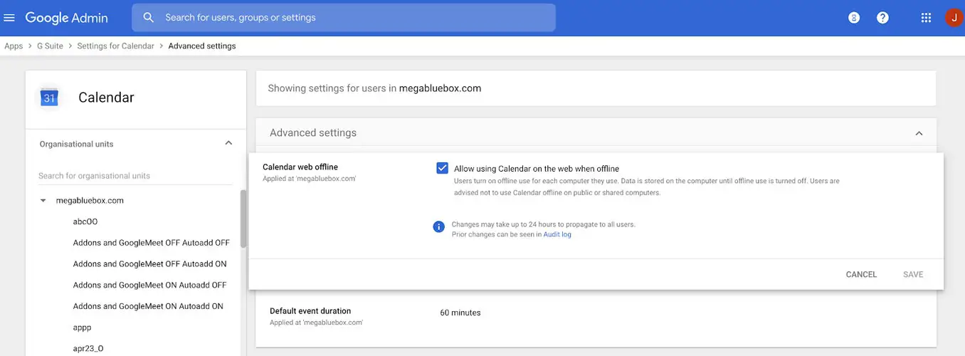 Offline Web View available Google Calendar Admin Console