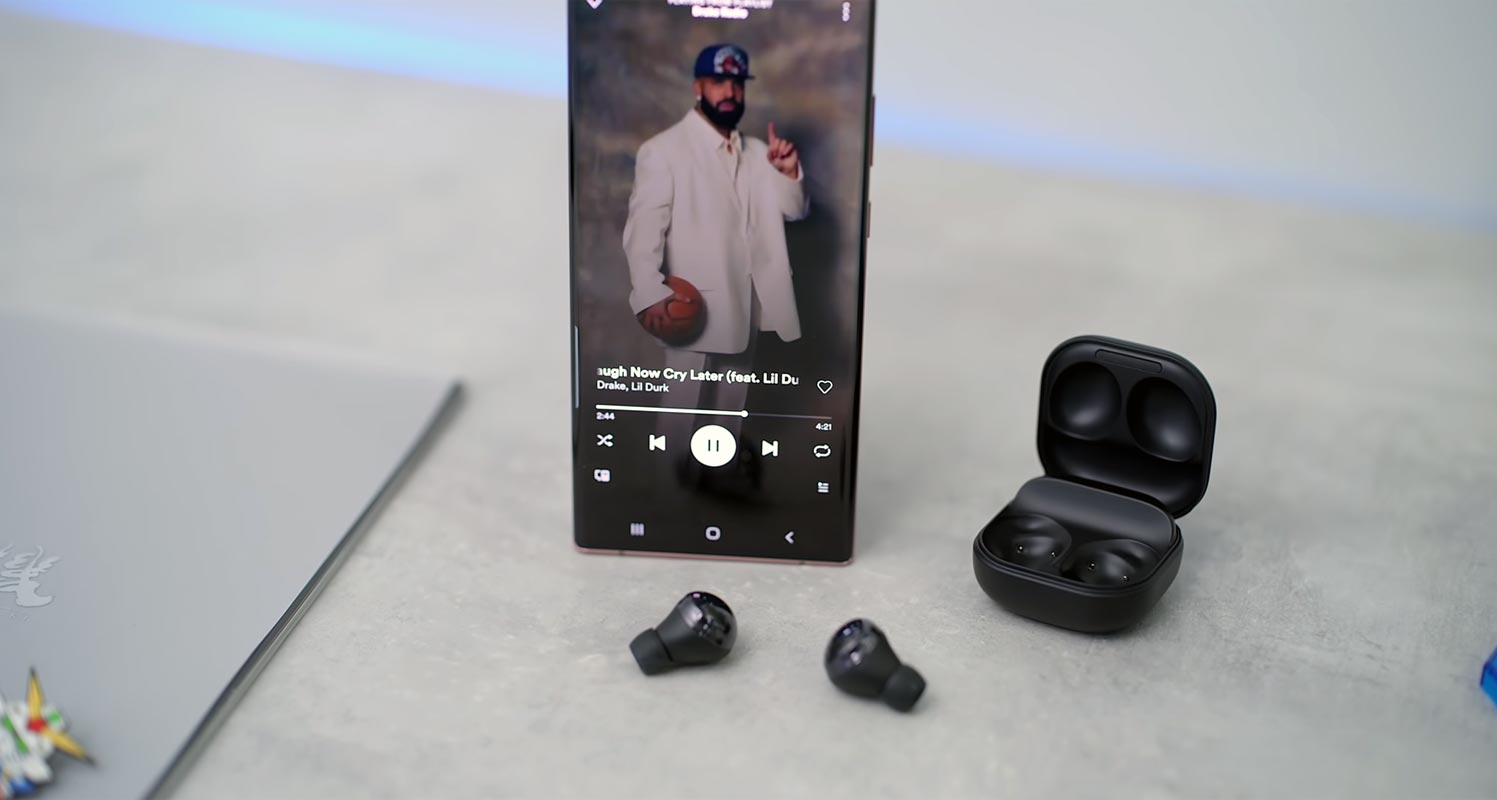 Samsung Galaxy Buds Pro with Charger case and phone