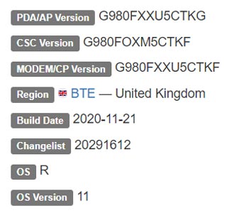 Samsung Galaxy S20 LTE Android 11 Firmware Details