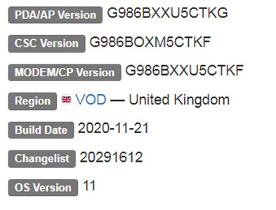 Samsung Galaxy S20 Plus 5G Android 11 Firmware Details