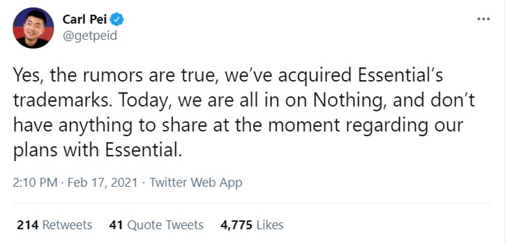 Carl Pei's Nothing Company Officially Acquired the Essential Tweet