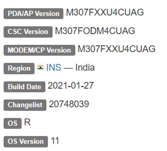 Samsung Galaxy M30s Android 11 Firmware Details