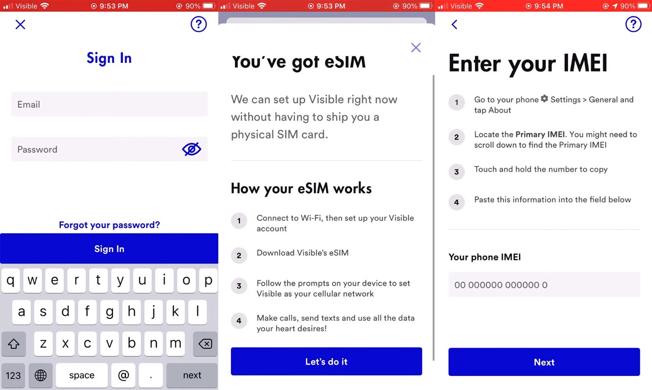 Visible eSIM Activation Screenshots