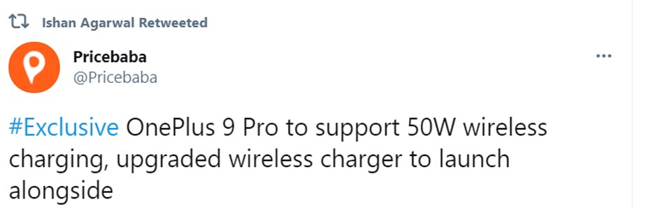 OnePlus 9 Pro 50W wireless charger leak tweet