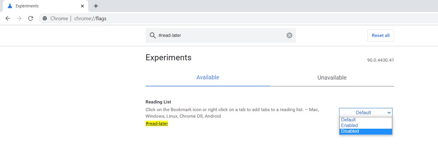 Reading List Disable Google Chrome