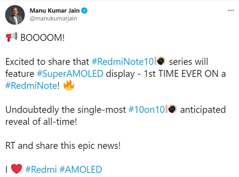 Redmi Note 10 Series AMOLED Screen Official Tweet