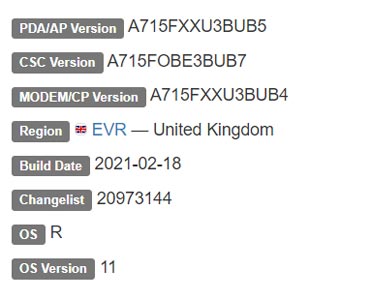 Samsung Galaxy A71 4G LTE Android 11 Firmware Details