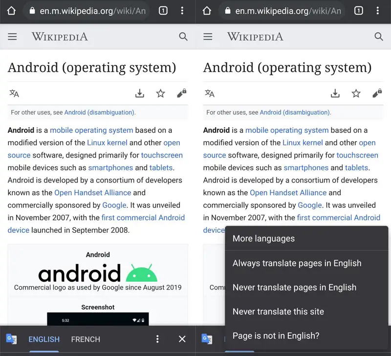 Disable Translate For a Particular Language Chrome Android