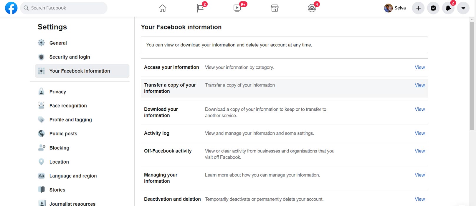 Facebook Transfer Information Settings