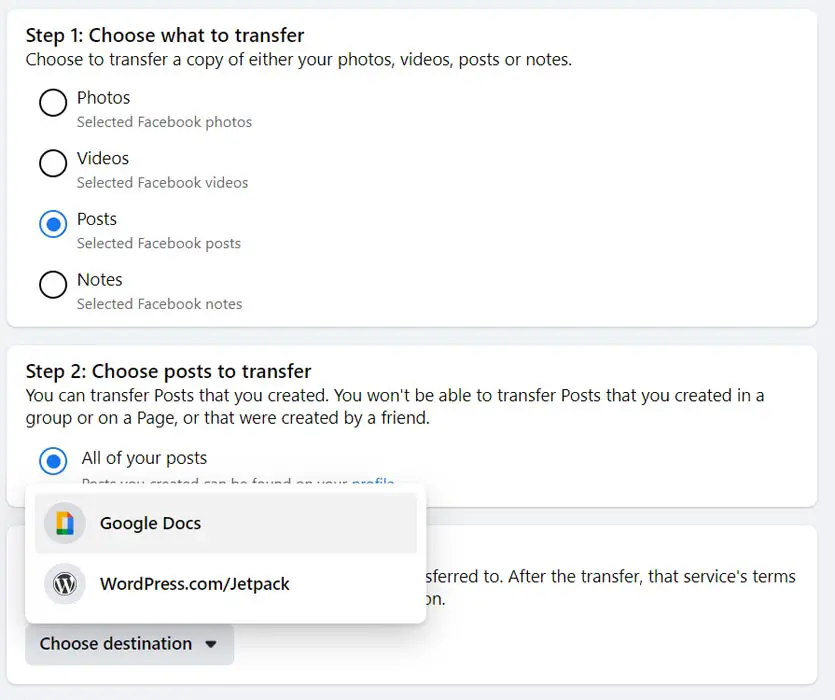 Facebook Transfer Information Steps for Google Docs