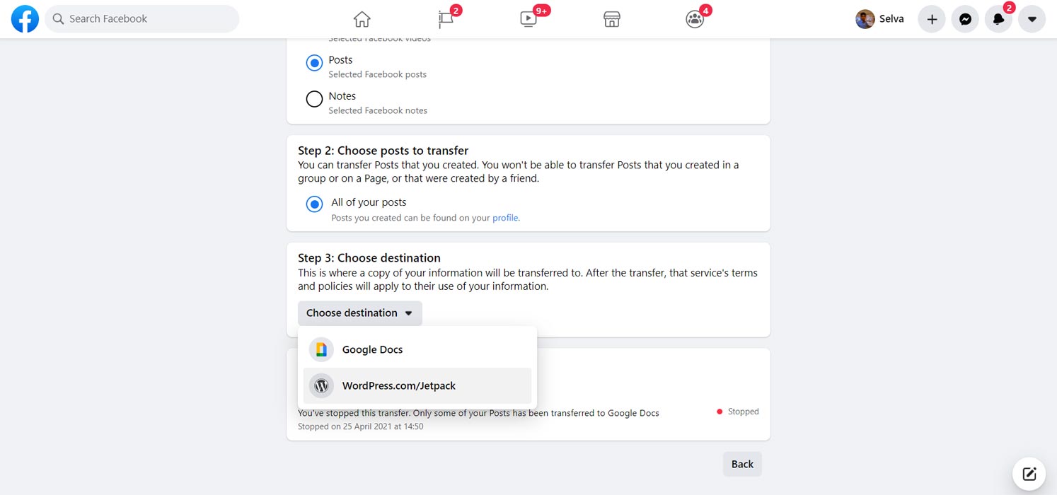 Facebook Transfer Information Steps for WordPress