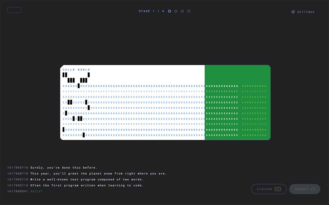 Puzzle 2-Stage 1 Spell out Hello World using a punch card